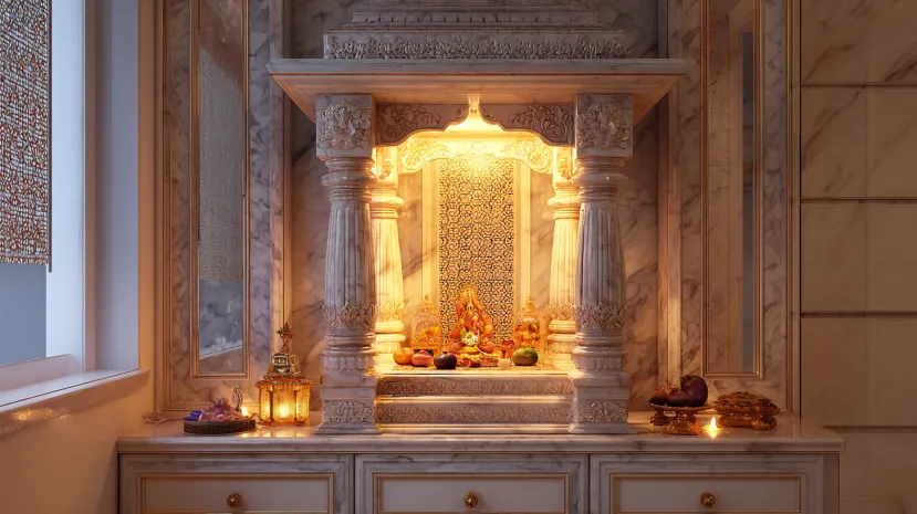 marble pooja mandir designs with drawer for home storage