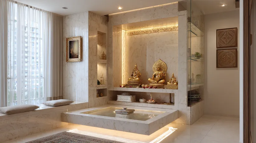 marble pooja platform with glass panels for elegant home interiors