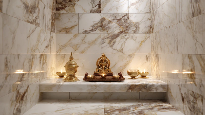 elegant marble pooja room tile designs with a clean spiritual look