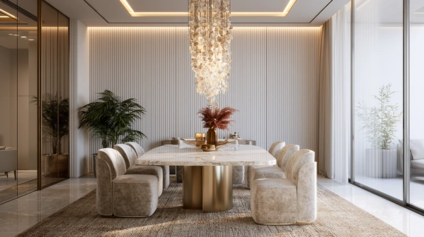 Marble-top luxury dining table with brass accents and elegant décor.