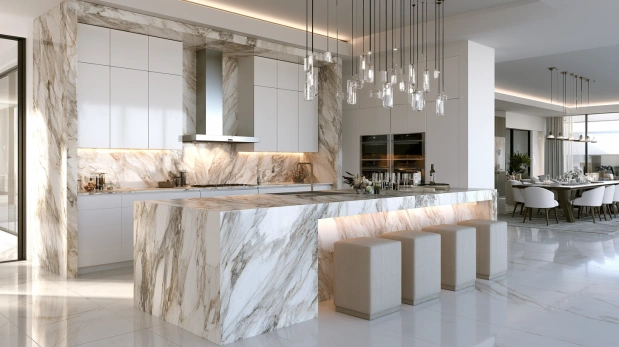 Luxury marble waterfall kitchen island