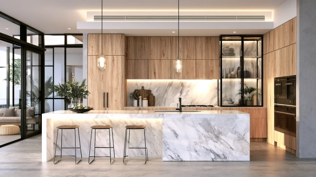 Marble countertop with wooden kitchen cabinets