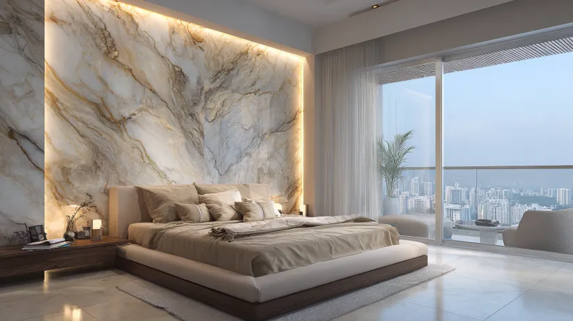Luxury backlit marble slab bed back design with city view