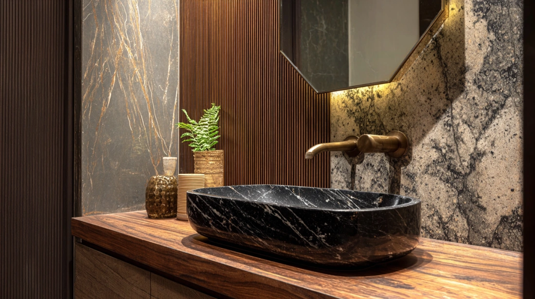 Black marble basin with hexagon mirror in dining area