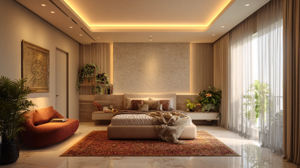 Master bedroom POP ceiling with soft lighting