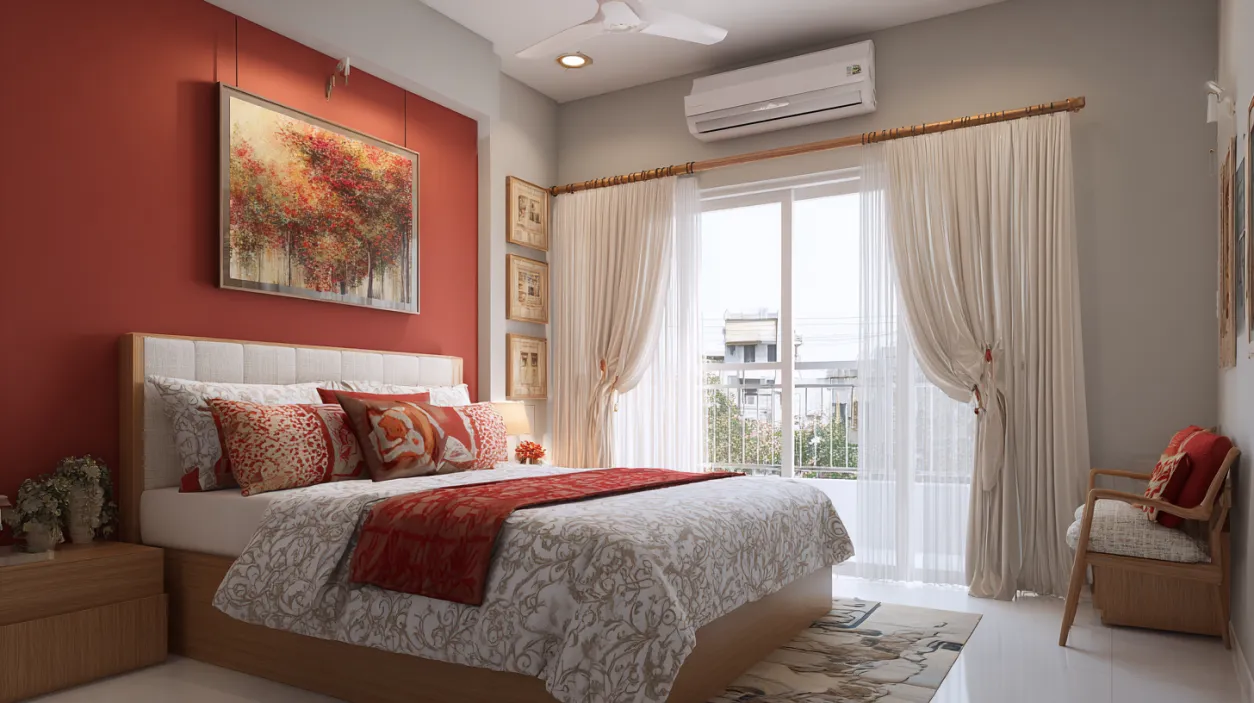 Elegant master bedroom with red accent wall and balcony