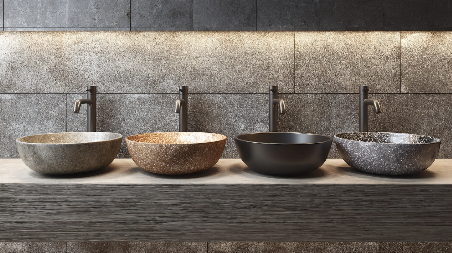 Ceramic stone steel and resin basins displayed together