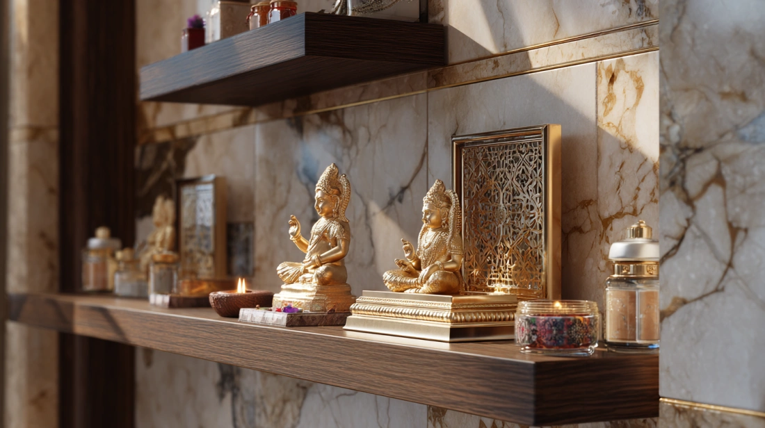 Wall mandir showing wood marble brass details