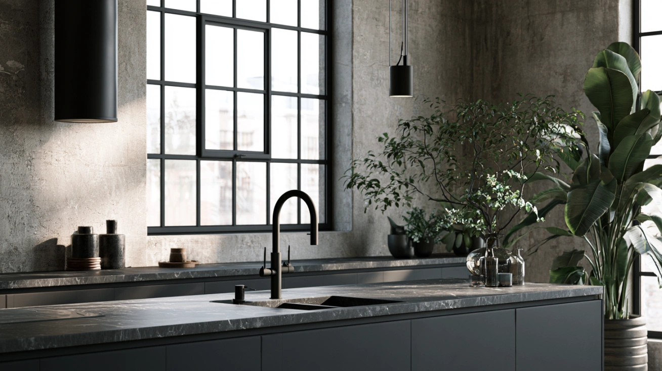 Matte marble countertop in modern kitchen