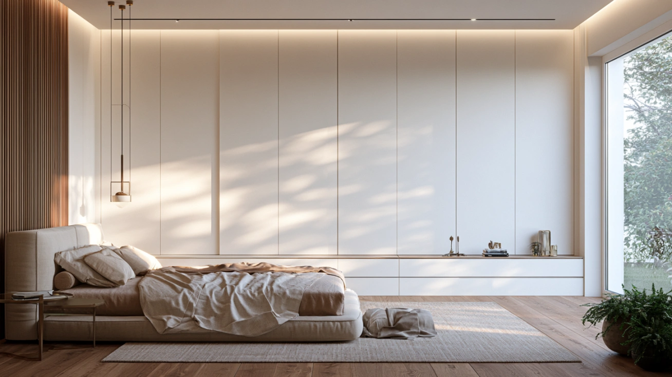 Space-saving matte white sliding wardrobe design.