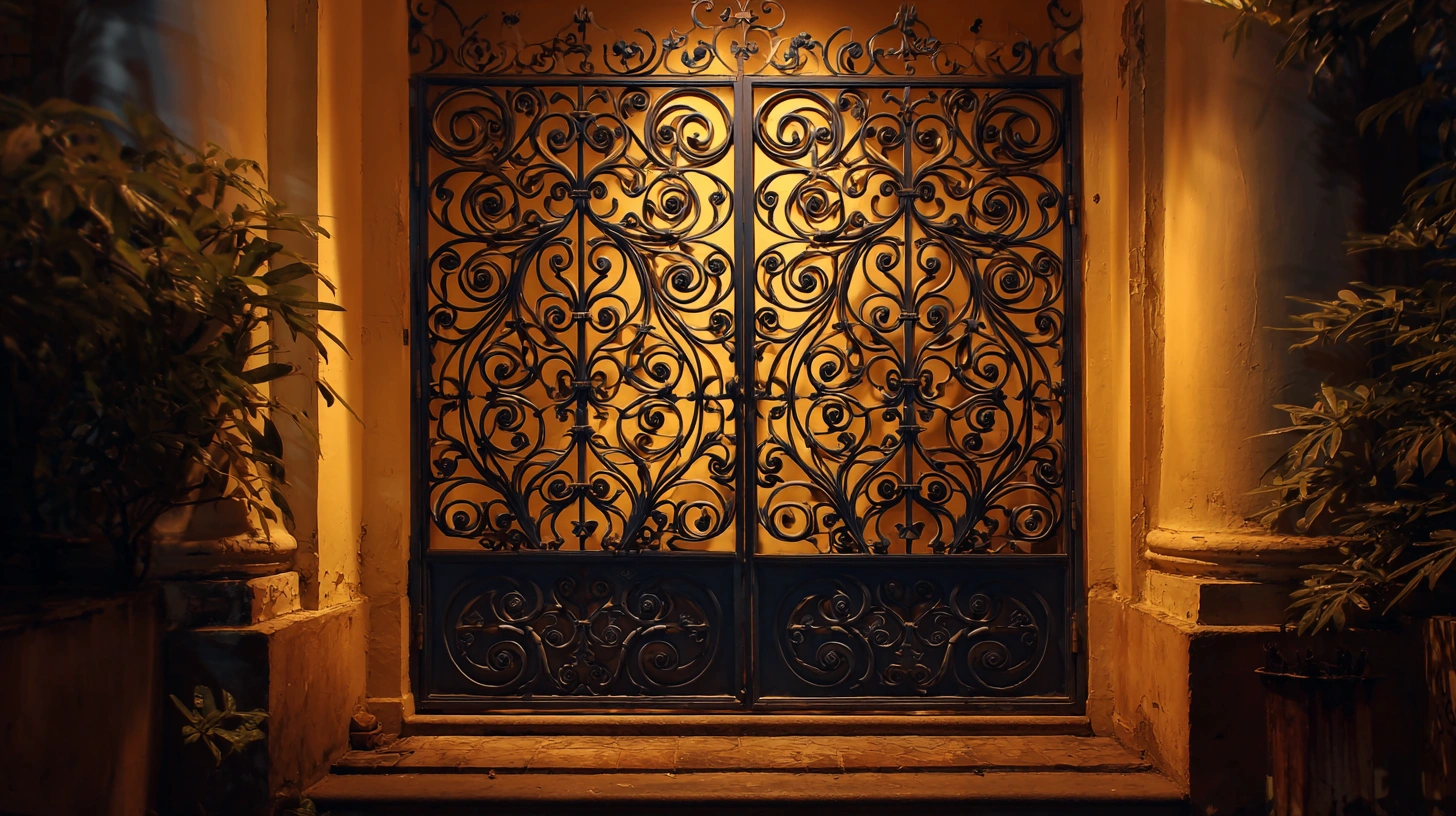 Ornate iron gate with dense, swirling filigree and historical scrollwork
