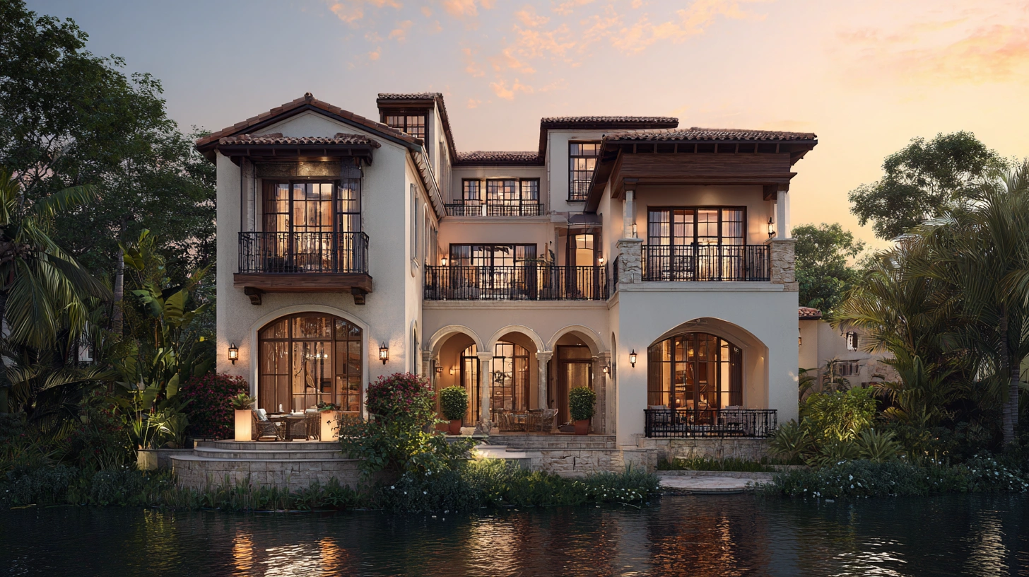 Three-storey Mediterranean style mansion with arched windows