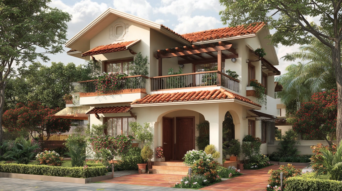 Arched duplex with terracotta tiles and cream paint