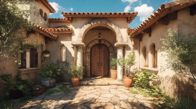 Warm Mediterranean room with three large arched glass windows