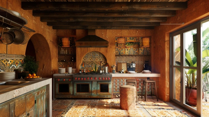 Mediterranean-style Indian kitchen with warm tones and textures