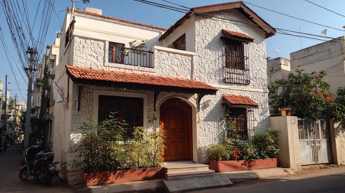 Indian home with arches stucco and tile roof