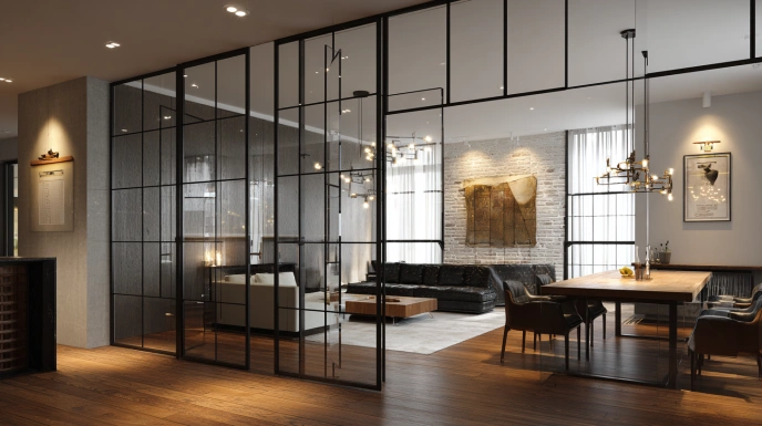 Metal frame partition with grid design divider