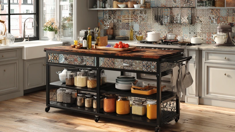 metal island cart with pull-out storage in island kitchen design