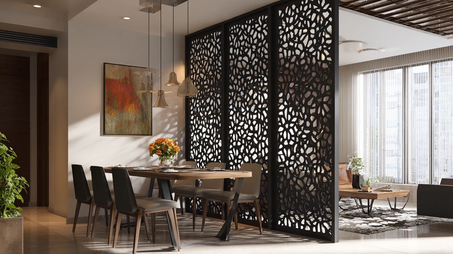 Dark abstract cut screen framing dining table
