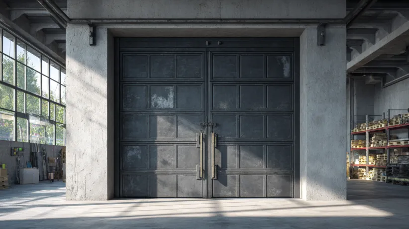 Industrial style dark metal double panel door design
