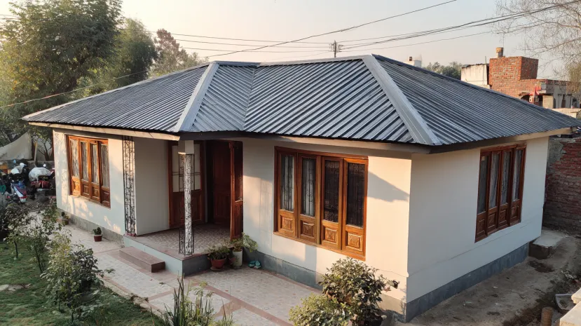 Grey corrugated metal roofing sheet on a hip roof house.