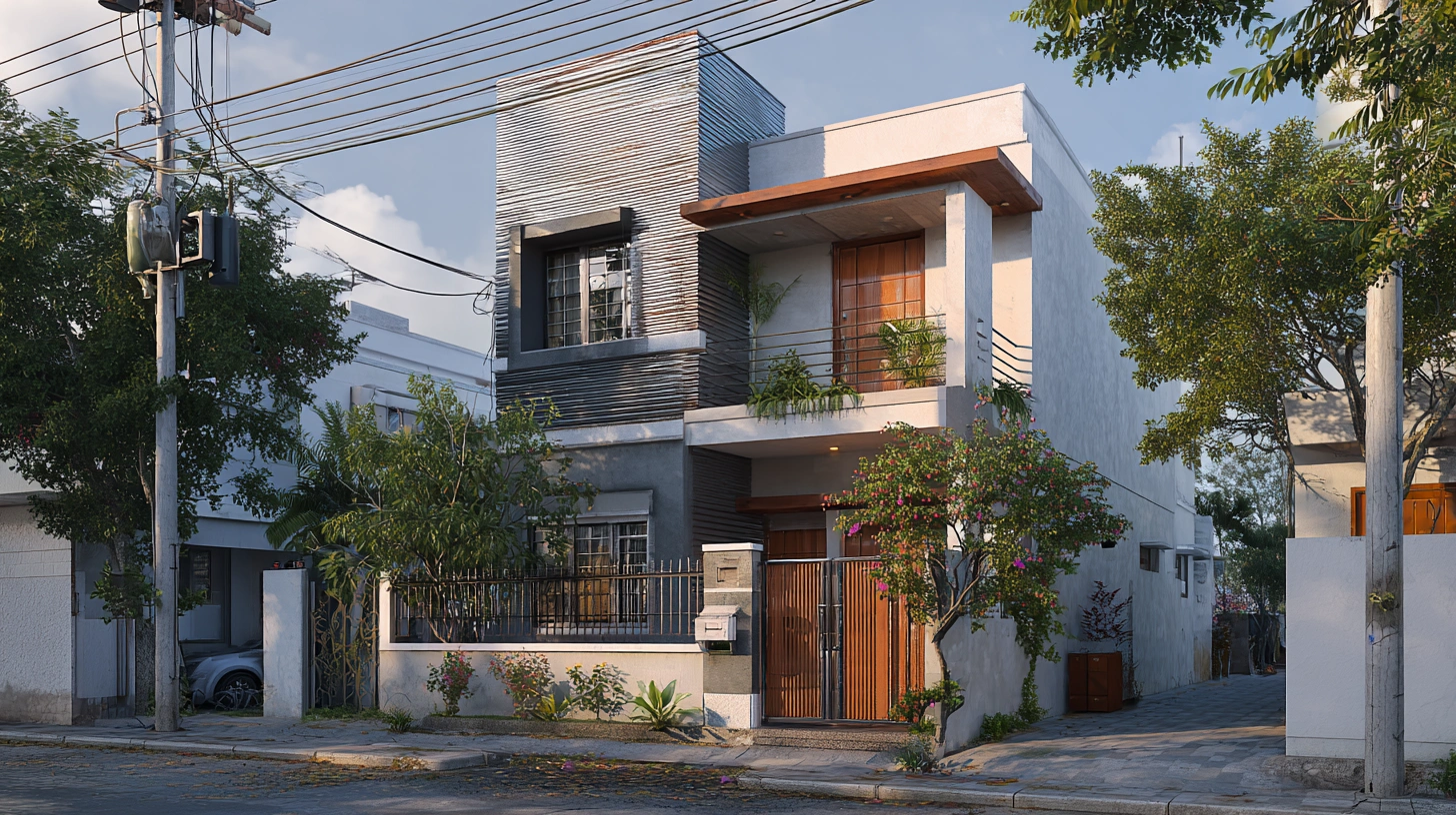 Compact Indian house with grey metal siding panels