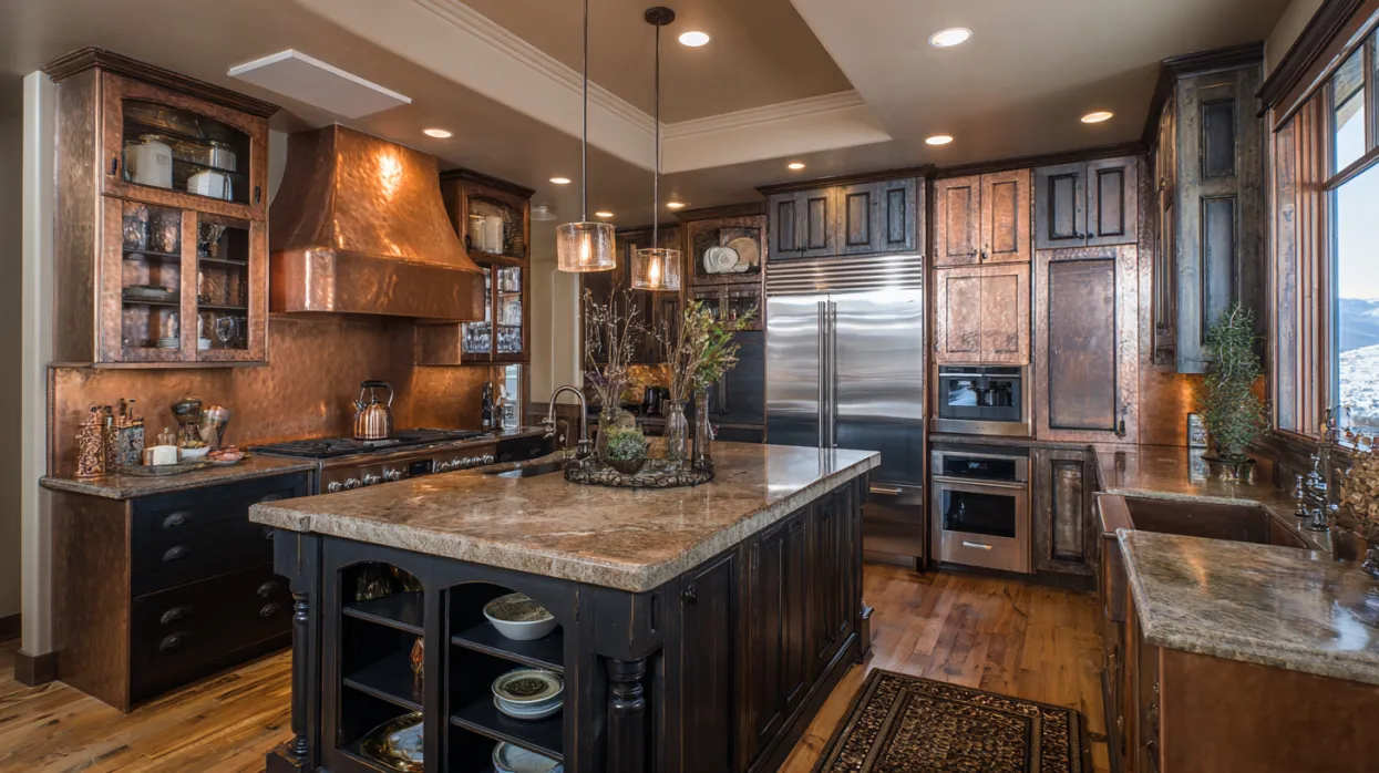 indian kitchen design with copper and patina finishes