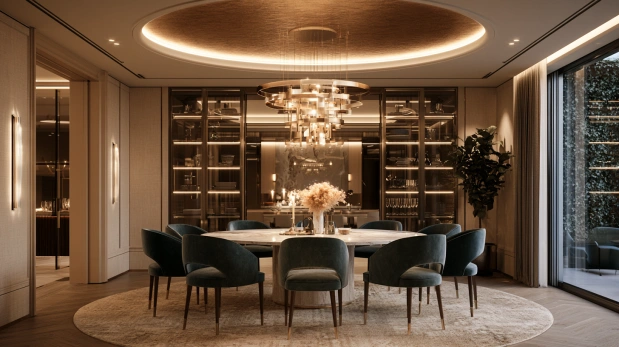 Luxurious metallic wallpaper panel for formal ceilings.