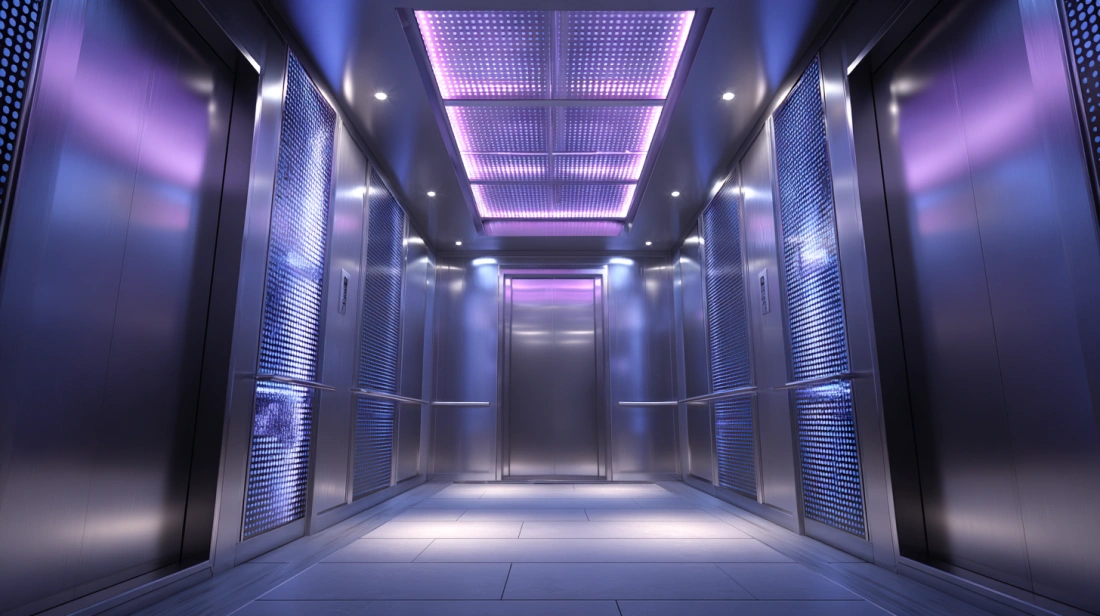 Reflective gold metallic finish on a luxury lift ceiling