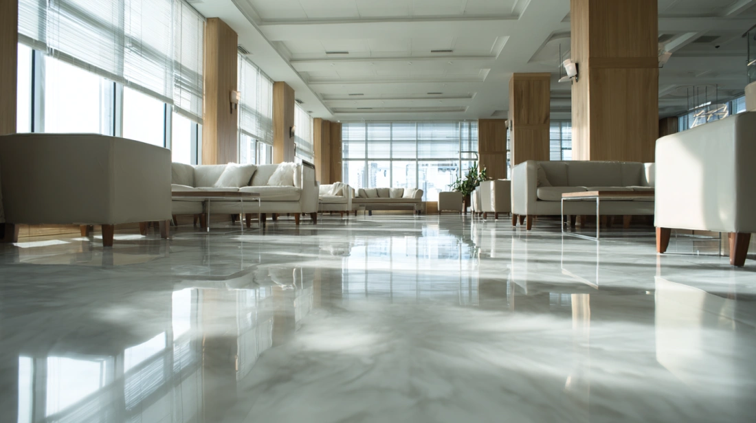 Reflective white metallic epoxy floor in luxury lounge