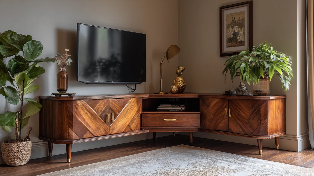 Mid-century corner TV unit with tapered wooden legs