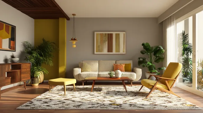 cozy mid-century modern living room with yellow accents, wooden furniture, indoor plants, and natural light