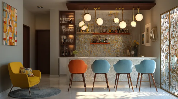 mid-century modern home bar with wood, leather, and brass accents