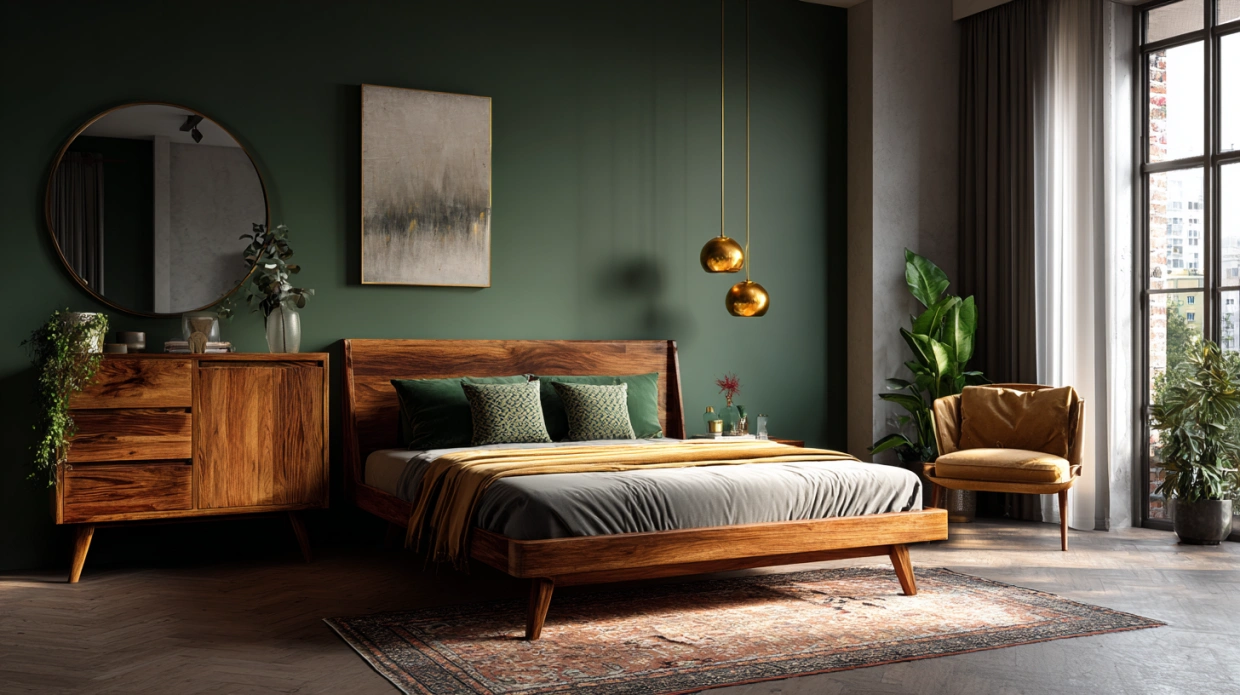 Mid-century wooden bedroom interior