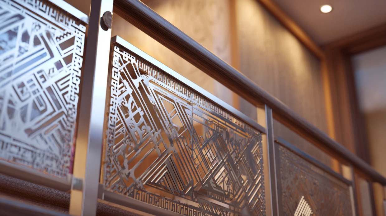 Modern stainless steel railing with glass panels