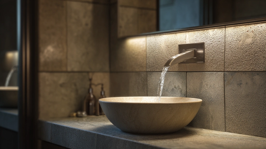 Wall basin with stone backdrop water feature dining