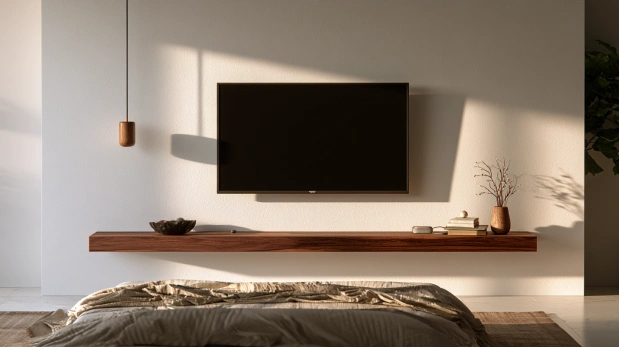 Minimal floating TV shelf in modern bedroom