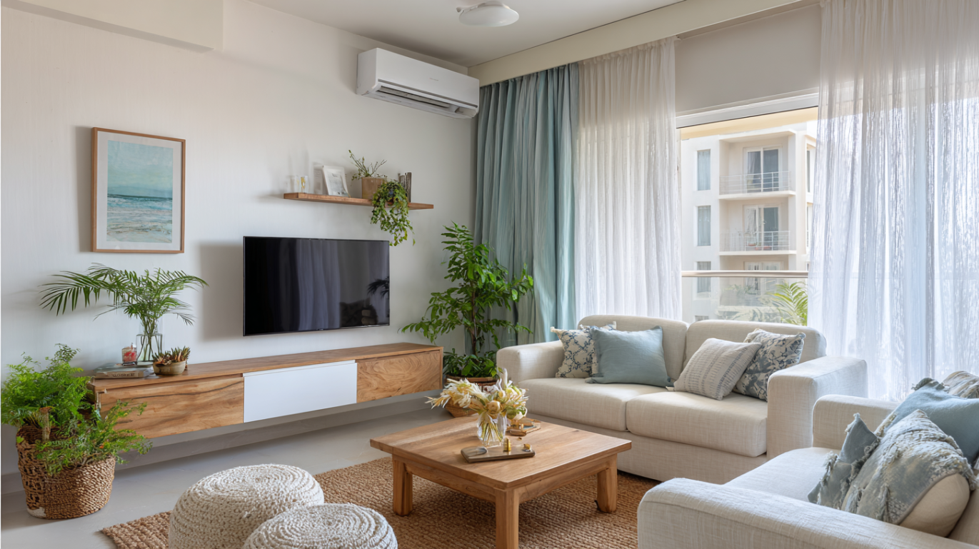 White couches face sleek wood floating console