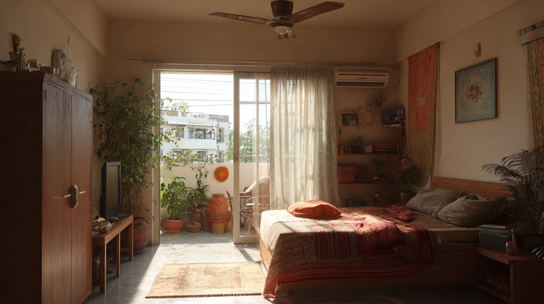Bedroom glass door opening to balcony with few plants