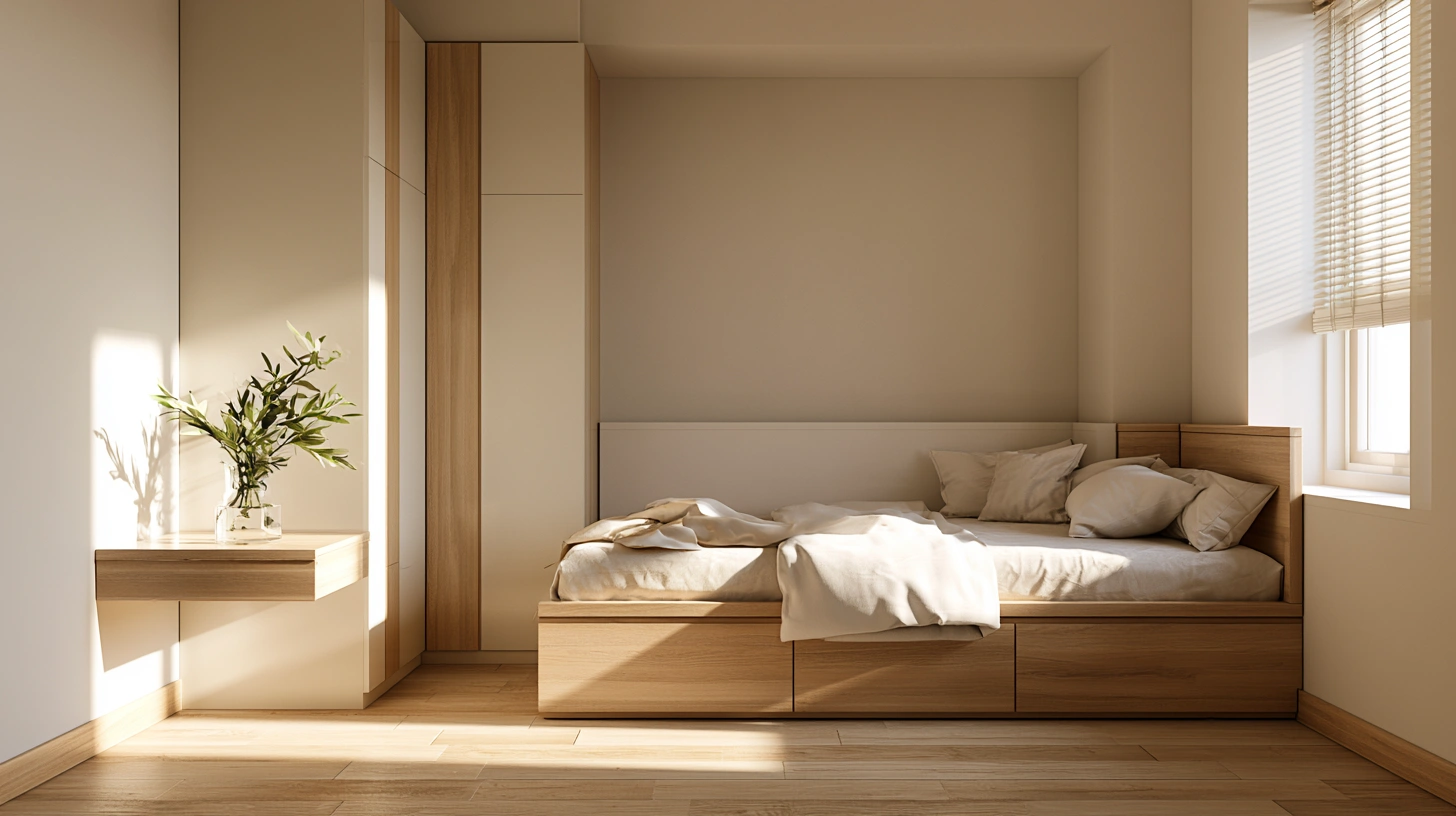 Minimal small guest bedroom with single storage bed and floating shelf.