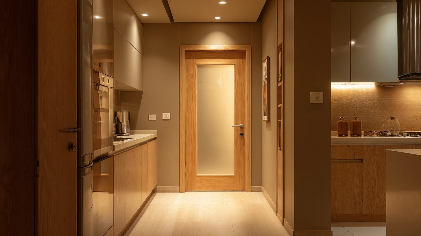 Clean, light oak wood door with a simple black handle
