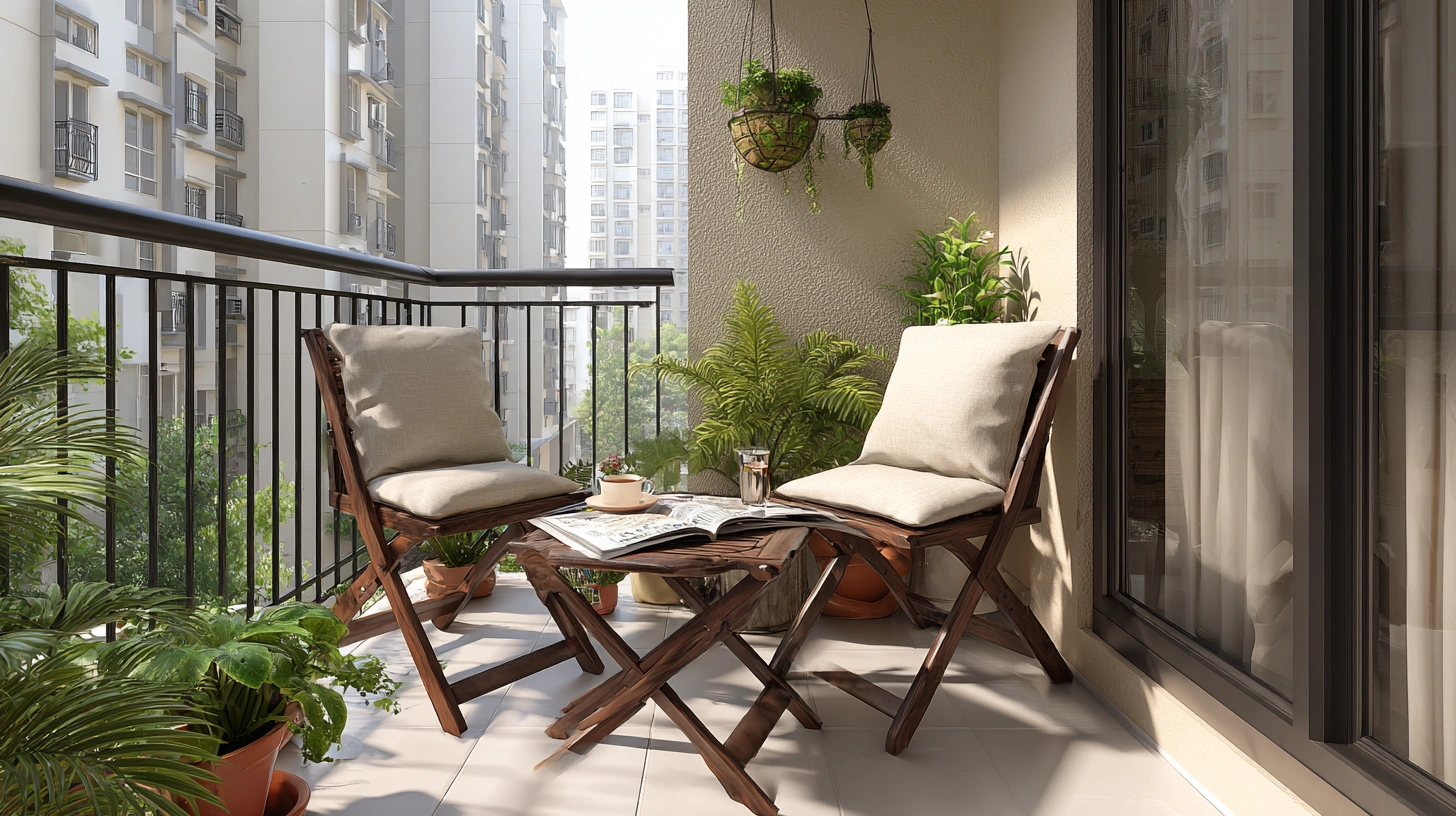 Minimal Indian balcony sitout with chairs and plants