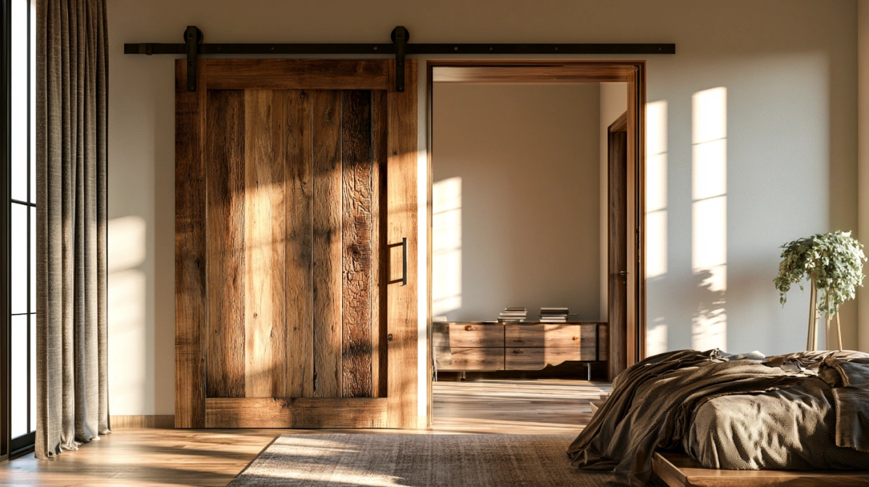 Minimalist wooden barn door for bedroom