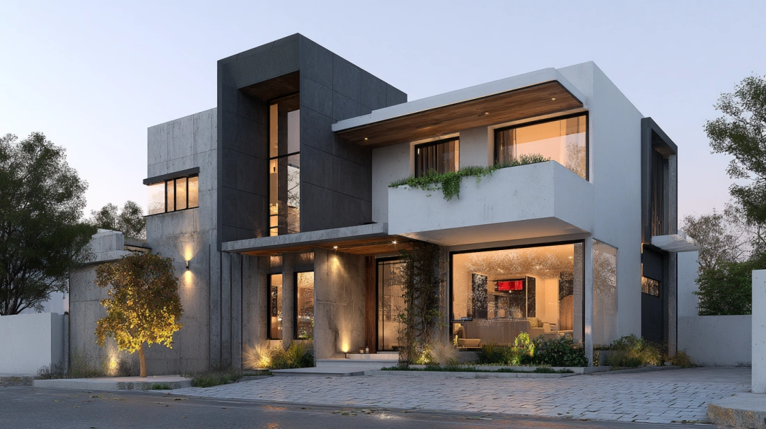 Minimalist Indian house with white grey boxy design