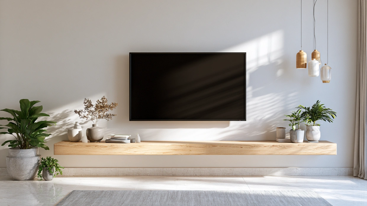 Minimalist floating ledge TV unit in an Indian living room