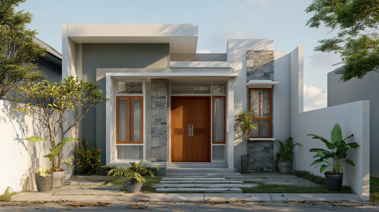 Small white minimalist home with stone pillars and wood door