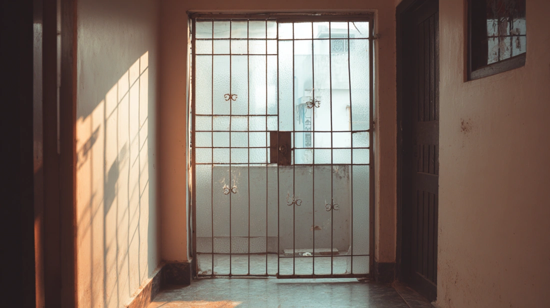 Modern entry door with a simple, slim black iron frame and clear glass panels
