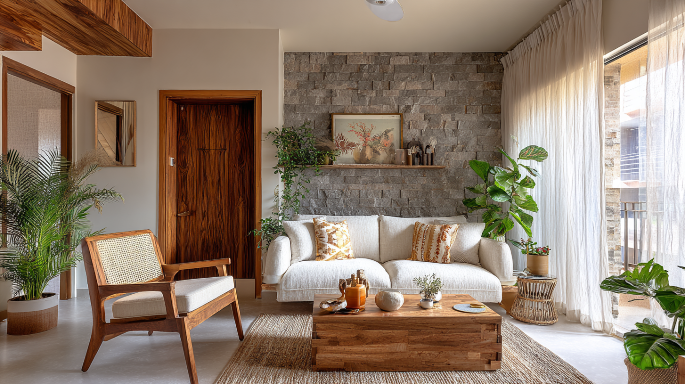 Minimalist living room utilizing organic stone and timber