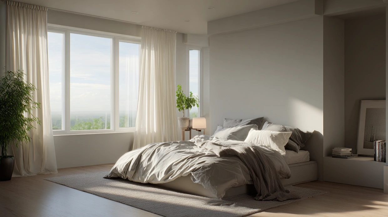 Minimal bedroom with open space and natural light