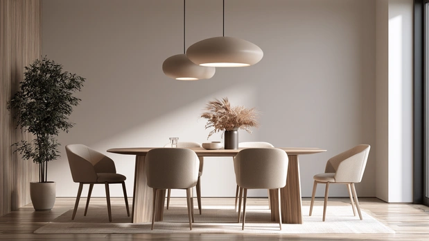 Minimalist luxury dining room with clean lines and neutral décor.